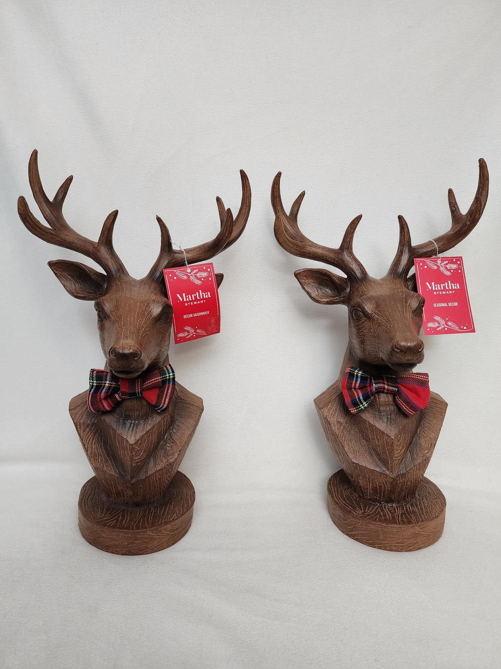 Martha Stewart XL Brown Deer Busts with Red Plaid Bow Ties - Pair